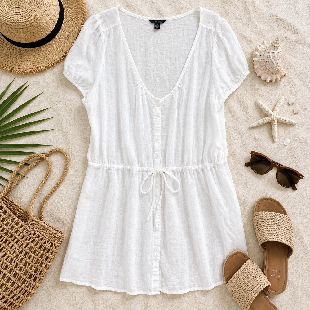 Lands End White Linen Tunic Cover Up Plus Sz 2X Dress White Beach Coastal Resort